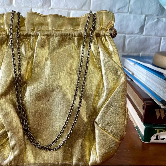 Vintage 1940s 50s Metallic Gold Fabric Slouch Bag Rhinestone Gold Tone Clasps - Picture 4 of 14